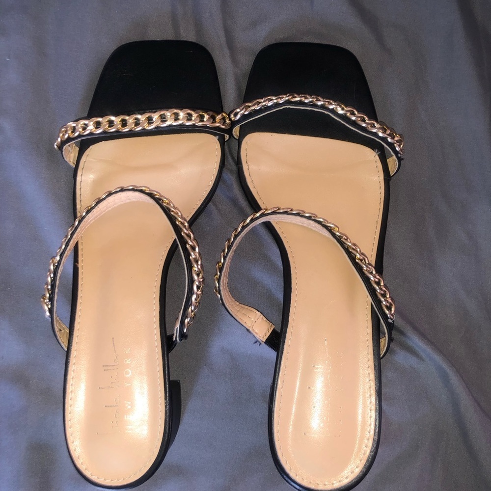 Nicole Miller New York Black Gold Chain Link Block Heel Sandals